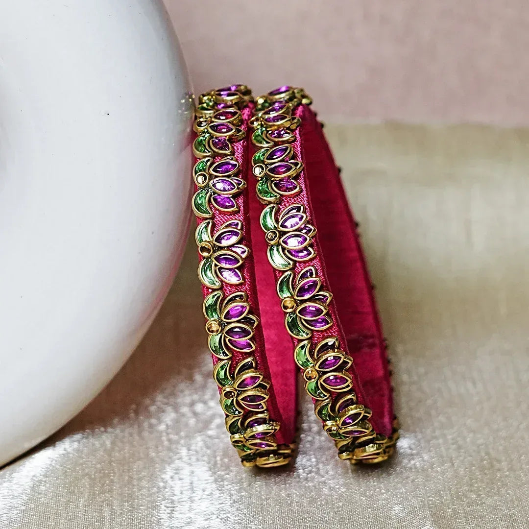 Handcrafted Silk Thread Kada Bangles with Lotus Motif for Women & Girls (Pack of 2) - The Golden Cascade